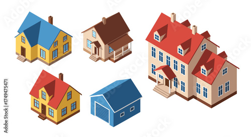 Collection of different types of residential houses and a garage in an isometric view on a white background.
