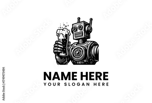 Robotic Bartender Logo A unique robot holding a glass of beer, perfect for innovative bars and tech-themed pubs