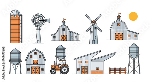 Collection of various farm buildings and machinery illustrations.
