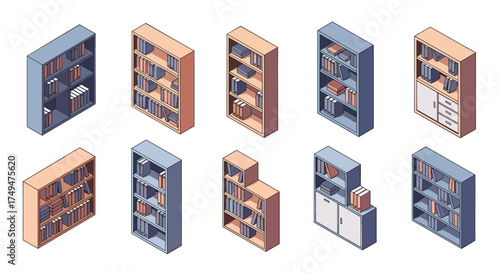 A collection of diverse isometric bookshelves in varying designs and sizes.
