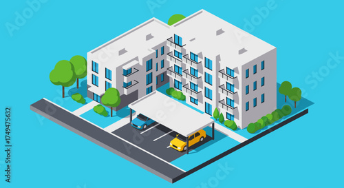 A modern apartment building with a covered parking area and surrounding trees.