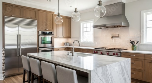 Elegant Modern Kitchen with Marble Island, Stainless Steel Appliances, and Natural Wood Cabinetry