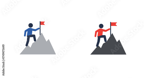 Two figures reaching mountain peaks with red flags symbolizing success