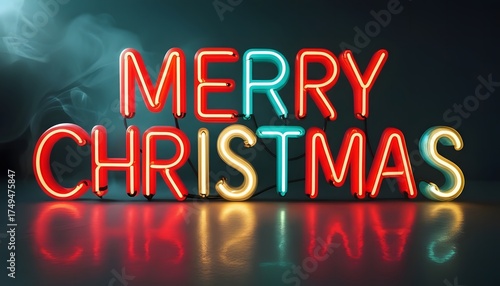Retro Neon “Merry Christmas” Sign on Dark Backdrop – Glowing Holiday Typography
