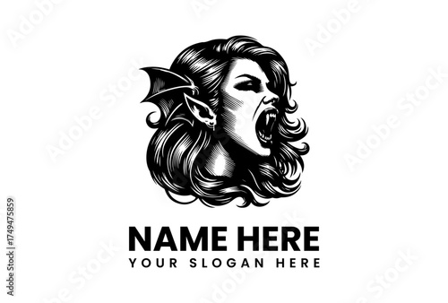 Vintage style vector emblem of a scary gothic vampiress head screaming, suitable for a horror brand mascot or a tattoo design