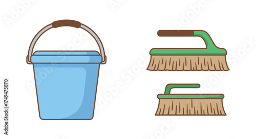 Simple illustration of a blue bucket and two green cleaning brushes