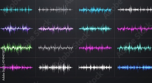 Podcast sound waves. multicolored audio showcasing Audio waveforms line icons, sound wave frequency or voice microphone signals. Music, podcast and broadcast, UI and audio branding design