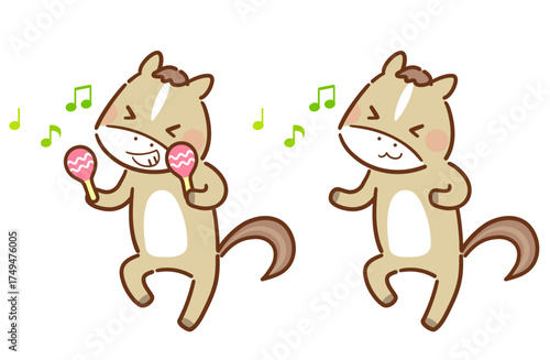 マラカスを持って楽しく踊る馬のかわいいキャラクター（年賀状・干支素材）