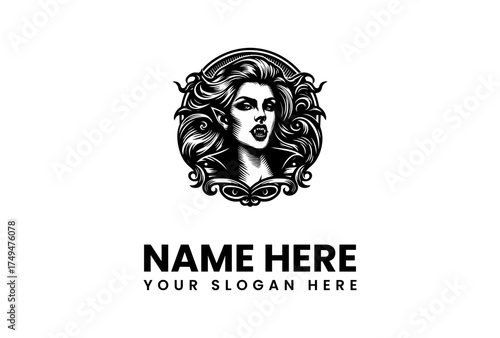 Vintage illustration of a beautiful fantasy goddess with pointed ears, framed in an ornate circular emblem for a logo design