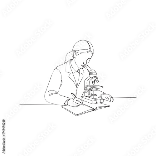 Continuous one line drawing of a female scientist using a microscope. Woman researcher in a laboratory conducting scientific research. Minimalist single line art illustration.
