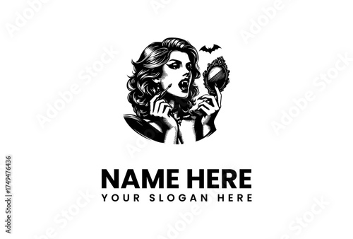 Retro Vampire Woman with Mirror and Bat Logo Design - Spooky Halloween Glamour