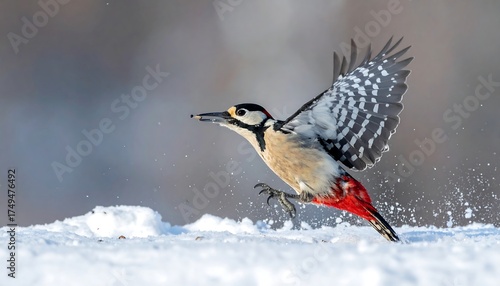 Bird in flight on snowy ground