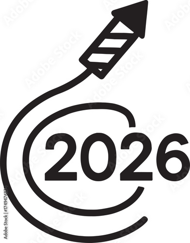 Black firework rocket launching above the year 2026 numerals vector