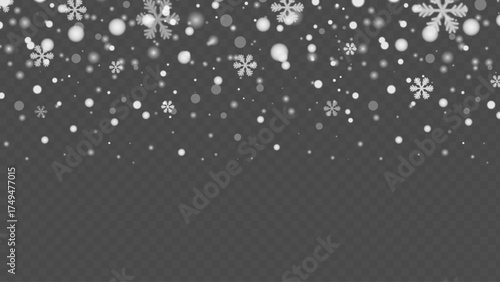Snowflakes falling winter background design. Realistic cold snow texture effect. Snowfall, particles, freeze effect.