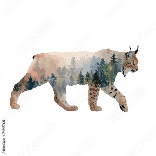 Majestic Lynx with Forest Landscape Double Exposure Illustration.
