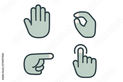 Collection of essential hand gestures including stop, pinch, pointing, and tapping for digital interfaces