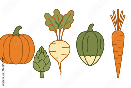 Stylized grouping of harvest vegetables featuring pumpkin, carrot, turnip, and squash