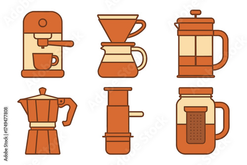 Set of six icons showing various coffee preparation methods and brewing equipment