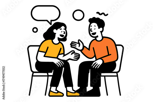 Two people sitting on chairs having a friendly conversation with a speech bubble