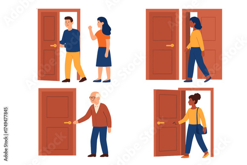 Diverse people opening and closing doors entering rooms or waiting outside for entry