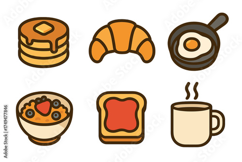 Collection of popular breakfast foods including pancakes, croissant, fried egg, oatmeal, toast, and hot coffee mug