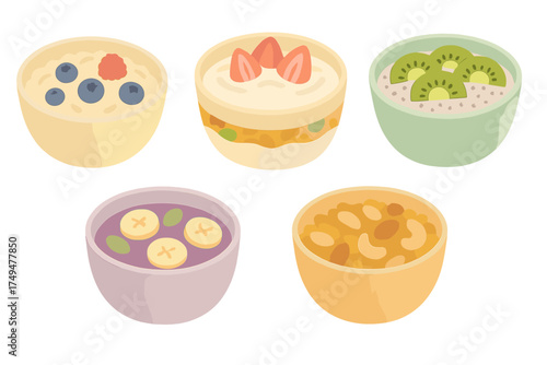 Five colorful bowls filled with healthy breakfast foods: oatmeal, yogurt, berries, kiwi, banana, and nuts