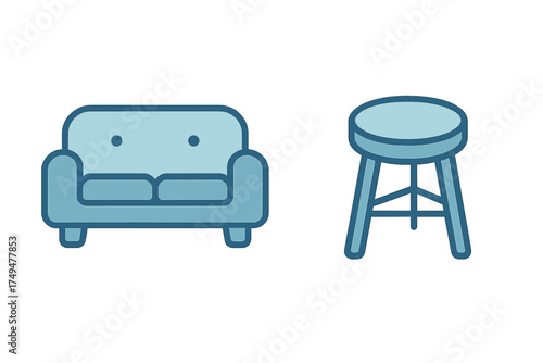 Minimalist furniture icons featuring a two-seater couch and a tall bar stool