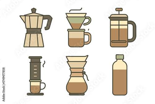 Popular coffee brewing methods and equipment set including French press, Moka pot, and pour over devices