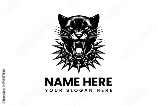 Aggressive black cat snarling with a spiked collar emblem. Monochrome vector tattoo style illustration design