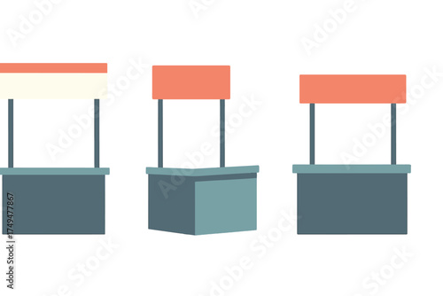 Three portable promotional stands with blank header signs for retail marketing and events