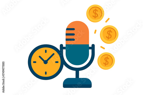 Microphone, clock, and dollar coins symbolizing time management and audio content monetization