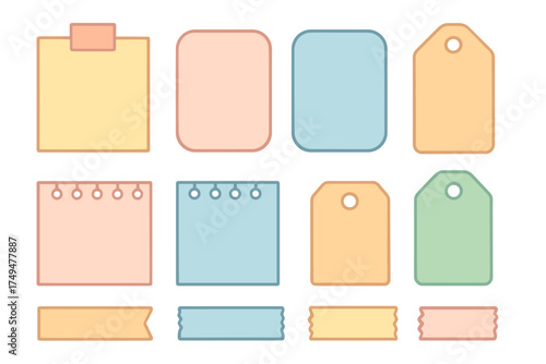 Pastel colored collection of blank sticky notes, paper tags, memo pads, and decorative tape elements