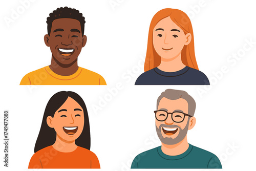 Diverse group of four smiling and laughing adult faces expressing positive emotions