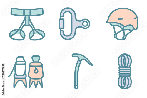 Safety equipment set for climbing and mountaineering including harness helmet carabiner and ice axe