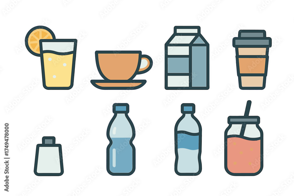 Fototapeta premium Various beverage containers and drinks icons collection