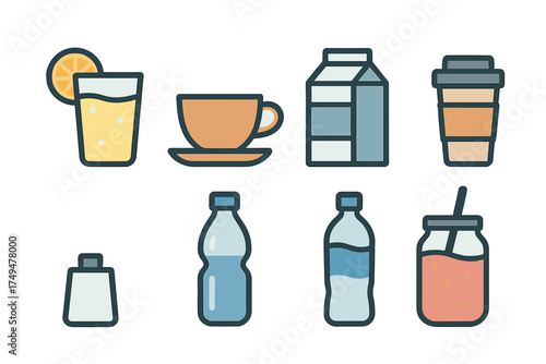 Various beverage containers and drinks icons collection