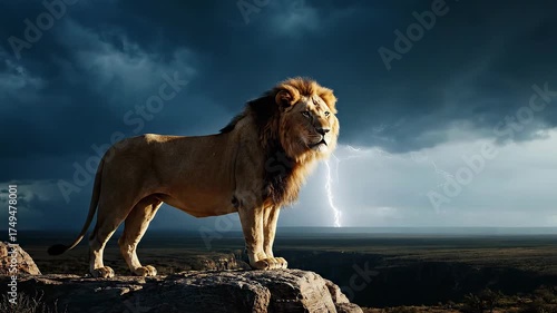 Majestic Lion Standing on a Rock During a Storm