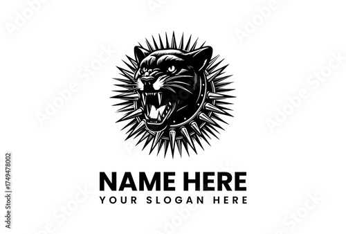 Vector logo of a fierce black panther head roaring with a spiked collar, set in a spiky circular frame for a powerful mascot emblem