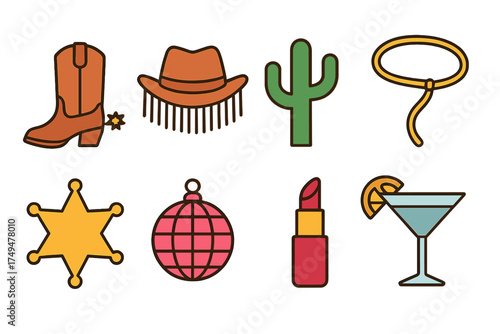 Western and party themed icons featuring cowboy boot, hat, cactus, and cocktail glass