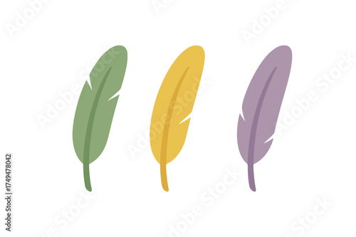 Set of three stylized bird feathers in green, yellow, and purple colors