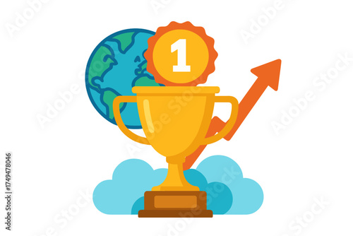 Golden first place trophy with global growth chart and clouds