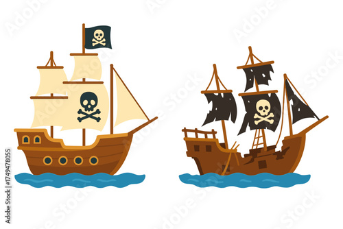 Cartoon pirate ships with skull and crossbones flags sailing on blue water