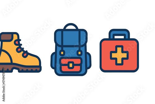 Hiking boot backpack and first aid kit icons set for outdoor adventure