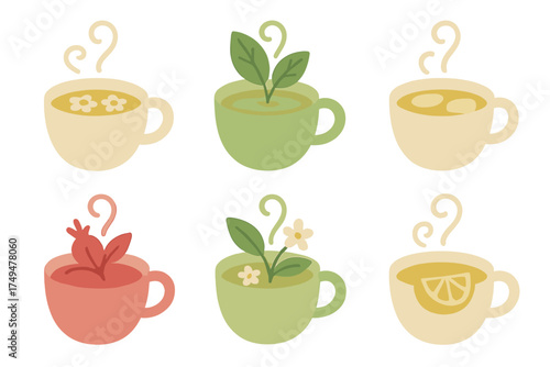 Steaming herbal and fruit tea cups with natural ingredients collection