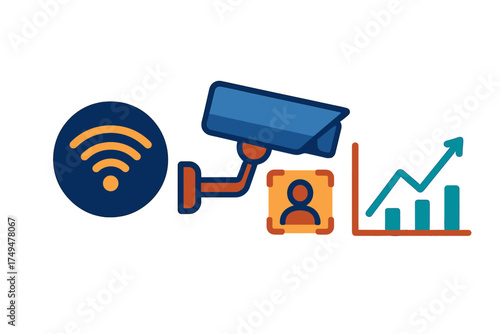 Wireless security camera monitoring and data analysis concept icons