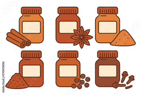 Assortment of spice jars with cinnamon, star anise, peppercorns, and cloves