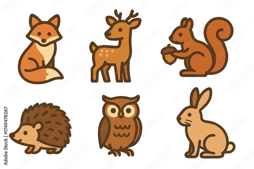 Fototapeta premium Six cute woodland animals set including fox deer squirrel hedgehog owl and rabbit