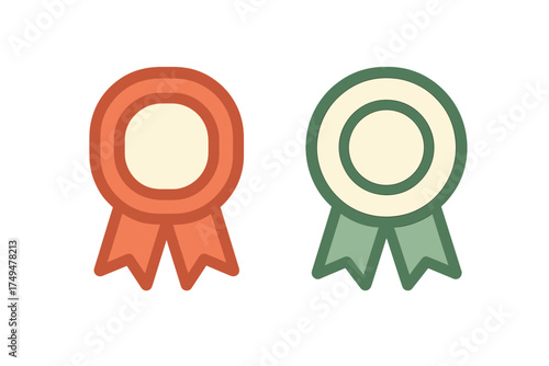 Two decorative rosettes with ribbons representing first place prize and high quality standard