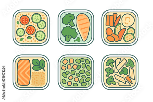 Set of six healthy meal prep containers with balanced portions of protein vegetables and grains
