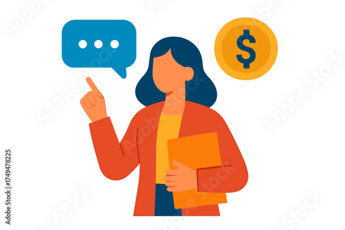 Business professional pointing at speech bubble and dollar coin representing financial discussion